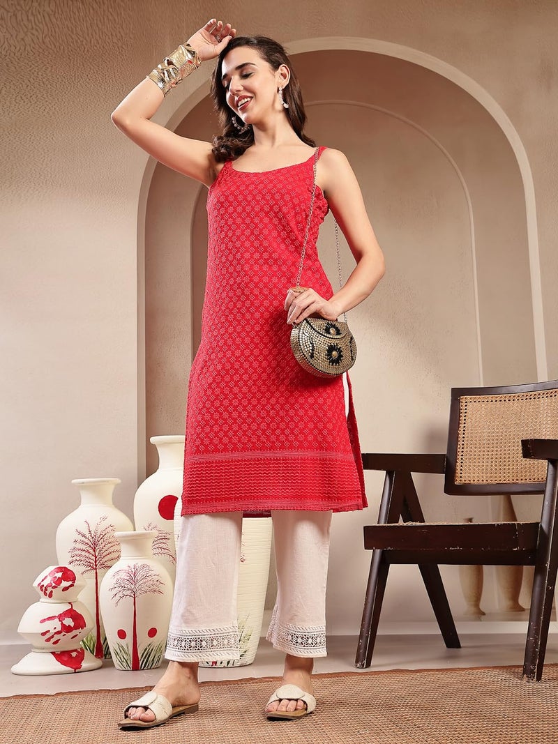Stylum Women's Red Chikankari Rayon Straight Kurta - Image 5
