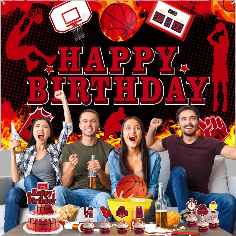 LUUFILx Basketball Party Decorations 51Pcs Black Red Basketball Happy Birthday Banner Balloons Cake Topper Cupcake Toppers Hanging Swirls Kit for Boys Kids Teens Sport Theme Basketball Birthday Party Supplies - Image 4