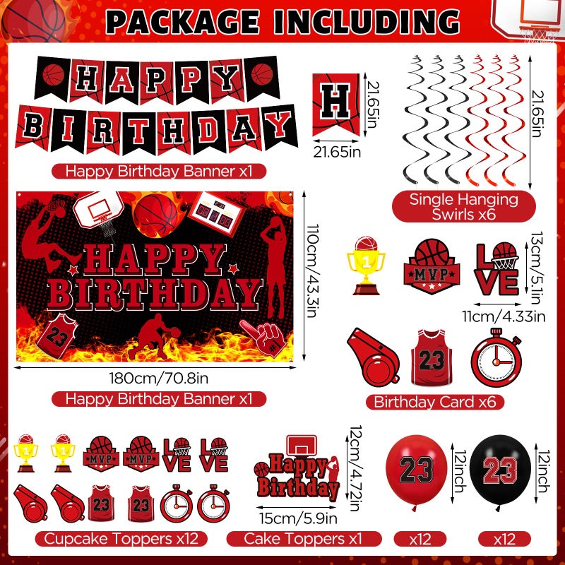 LUUFILx Basketball Party Decorations 51Pcs Black Red Basketball Happy Birthday Banner Balloons Cake Topper Cupcake Toppers Hanging Swirls Kit for Boys Kids Teens Sport Theme Basketball Birthday Party Supplies - Image 2