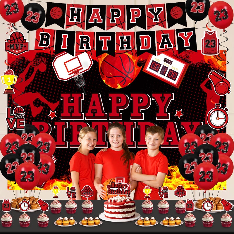 LUUFILx Basketball Party Decorations 51Pcs Black Red Basketball Happy Birthday Banner Balloons Cake Topper Cupcake Toppers Hanging Swirls Kit for Boys Kids Teens Sport Theme Basketball Birthday Party Supplies - Image 5