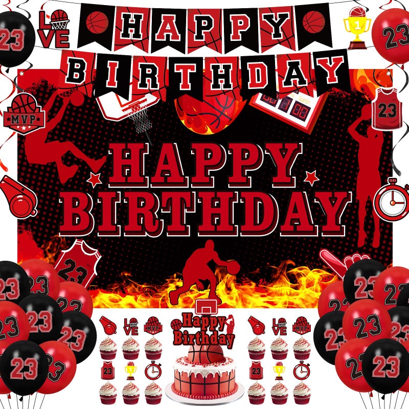 LUUFILx Basketball Party Decorations 51Pcs Black Red Basketball Happy Birthday Banner Balloons Cake Topper Cupcake Toppers Hanging Swirls Kit for Boys Kids Teens Sport Theme Basketball Birthday Party Supplies - Image 1