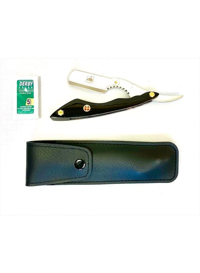 G.B.S Barber Straight Edge Interchangeable Razor Shavette, Long Black Horn Handle and Stainless Arms Safety Lock and Pack of 5 Blades  - Image 1