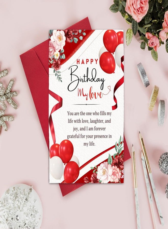 PICKKART Romantic Birthday Card for Love, Double-Sided with Heartfelt Message, Red Floral Design with Balloons - Image 3