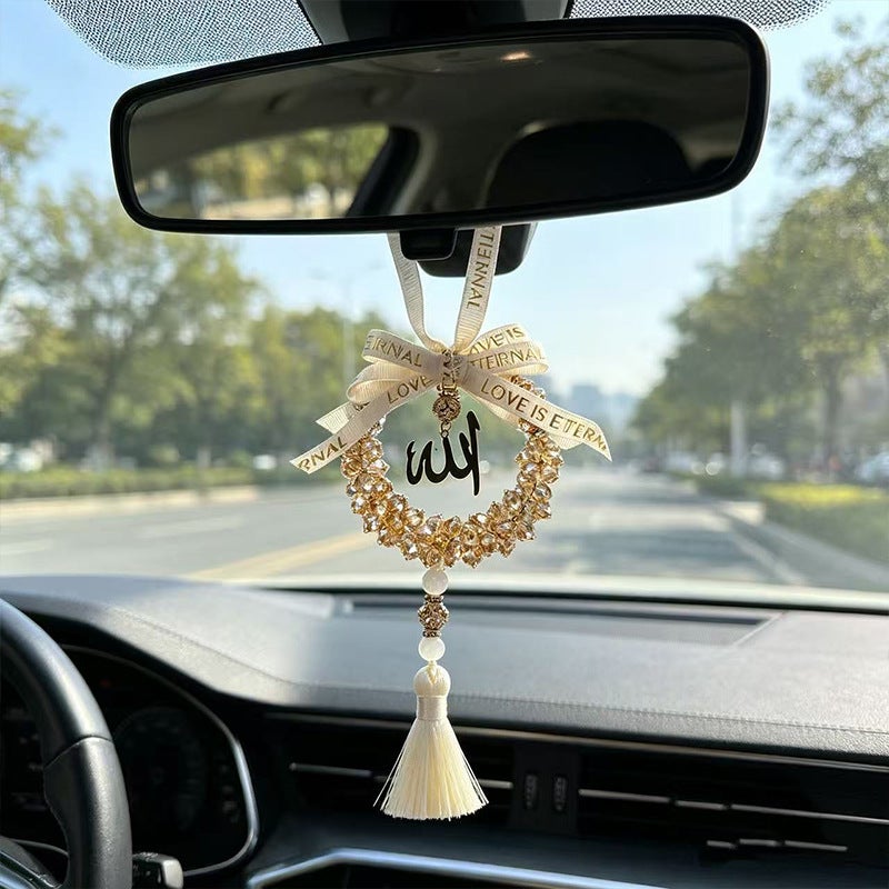 معلّقة سيارة بحلقة من الخرز الكريستالي بنص عربي مع شرّابة وفيونكة - Image 1