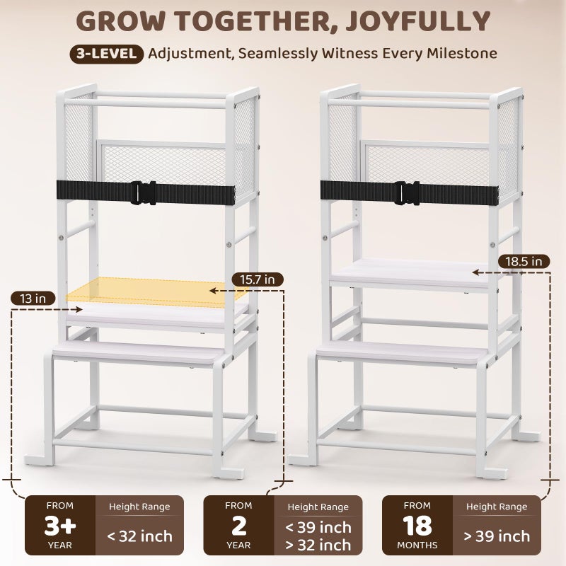 NomNest Toddler Kitchen Step Stool Adjustable Height Learning Standing Tower with Safety Feet, Steel Wood Kitchen Stool Helper for Kids, 1-3 Year Old Boy Girl Gifts - Image 2
