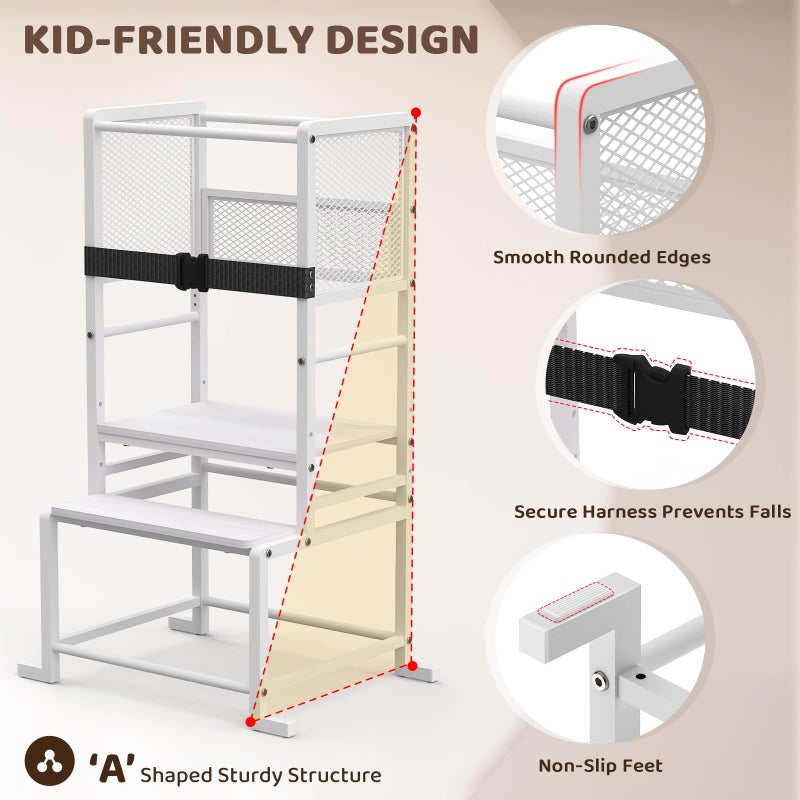 NomNest Toddler Kitchen Step Stool Adjustable Height Learning Standing Tower with Safety Feet, Steel Wood Kitchen Stool Helper for Kids, 1-3 Year Old Boy Girl Gifts - Image 3