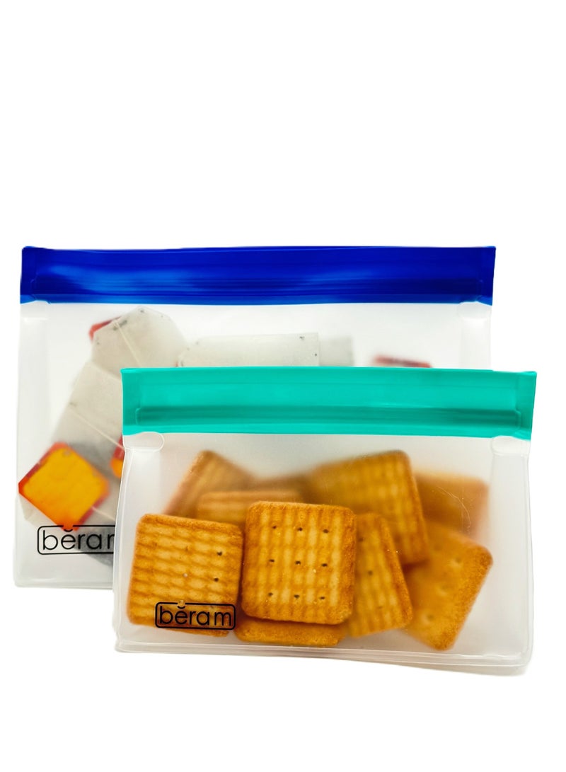 بيرام أكياس تخزين قابلة لإعادة الاستخدام من بيرام عدد 2 حافظة ستاندنغ شبيهة بزيبلوك آمنة لغسالة الصحون مانعة للتسرب خالية من مادة BPA مصنوعة من مادة PEVA آمنة للفريزر مناسبة للغداء والسندويشات آمنة للطعام ومناسبة للرحلات والسفر - Image 1