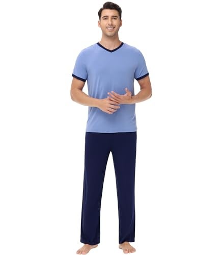 WiWi Mens Pajamas Set Viscose from Bamboo Short Sleeve Sleepwear Knit Nightwear 2 Pieces Loungewear Sets S-XXL, Fog Blue, X-Large - Image 1