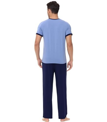 WiWi Mens Pajamas Set Viscose from Bamboo Short Sleeve Sleepwear Knit Nightwear 2 Pieces Loungewear Sets S-XXL, Fog Blue, X-Large - Image 2