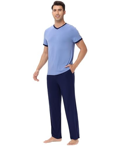 WiWi Mens Pajamas Set Viscose from Bamboo Short Sleeve Sleepwear Knit Nightwear 2 Pieces Loungewear Sets S-XXL, Fog Blue, X-Large - Image 4