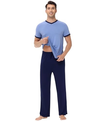 WiWi Mens Pajamas Set Viscose from Bamboo Short Sleeve Sleepwear Knit Nightwear 2 Pieces Loungewear Sets S-XXL, Fog Blue, X-Large - Image 3