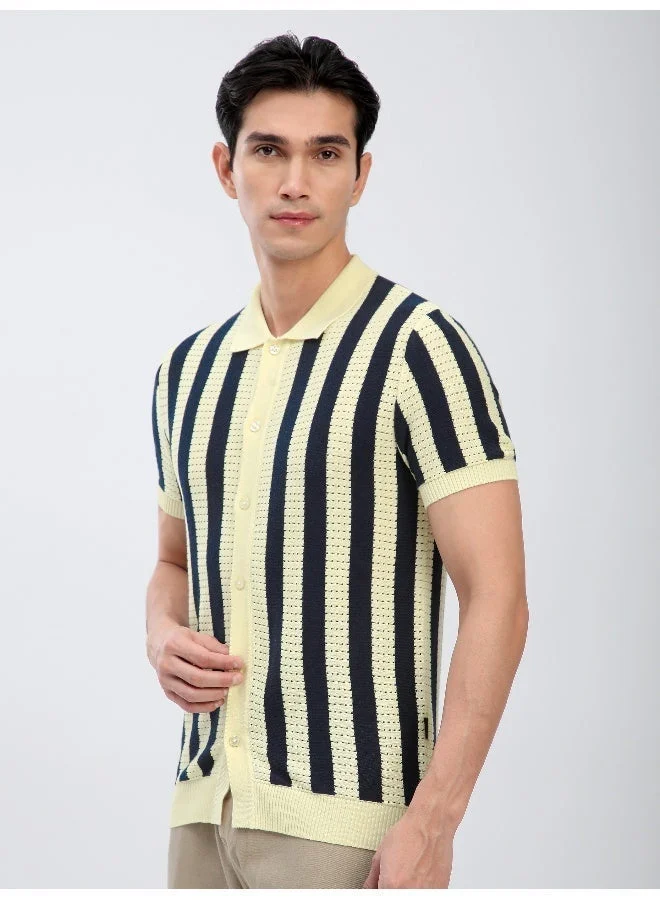 Beyoung Navy Blue Striped Flat Knit Shirt