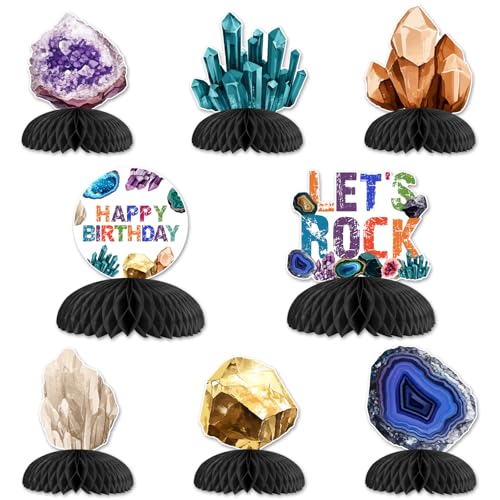 Balterever 8PCS Geology Birthday Honeycomb Centerpieces Gems and Minerals Party Decorations Rocks Geology Birthday Table Decorations Crystal Themed Birthday Party Decorations for Boys and Girls - Image 1