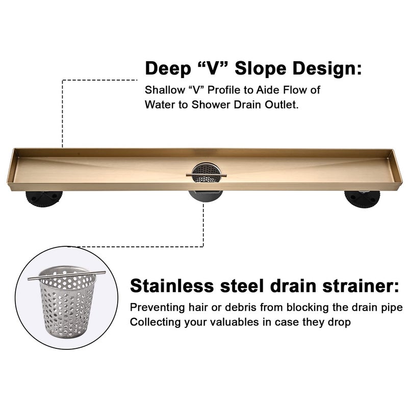 AVSIILE مصرف دش خطي AVSIILE، ذهب مصقول 24 بوصة، مجموعة مصارف حمام من الفولاذ المقاوم للصدأ 304، مصرف خندق دش مستطيل مع غطاء تصريف بنمط قابل للعكس ومانع للشعر - Image 5
