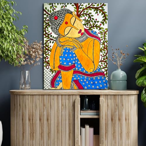 SIKHASH Lord Gautam Buddha Canvas Painting Religious Art, Madhubani Art, Kerala Mural, Buddha, Painting for Living room | Bedroom | Wall Decor Fabric | Home Deor Paint Unique Design ( Size - 23X17 inches, Pack of 1 ) - Image 1