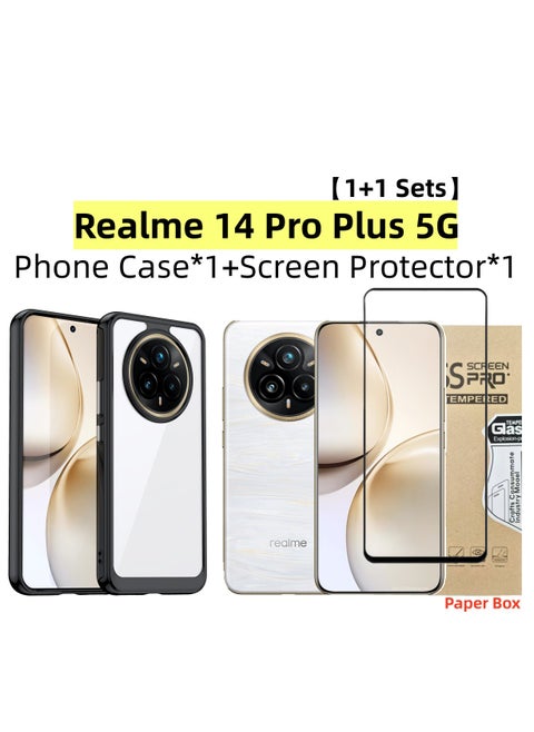 [1+1 Sets] For Realme 14 Pro Plus 5G Case & Screen Protector Transparent Frame Protective Cover with Tempered Glass Screen Protector