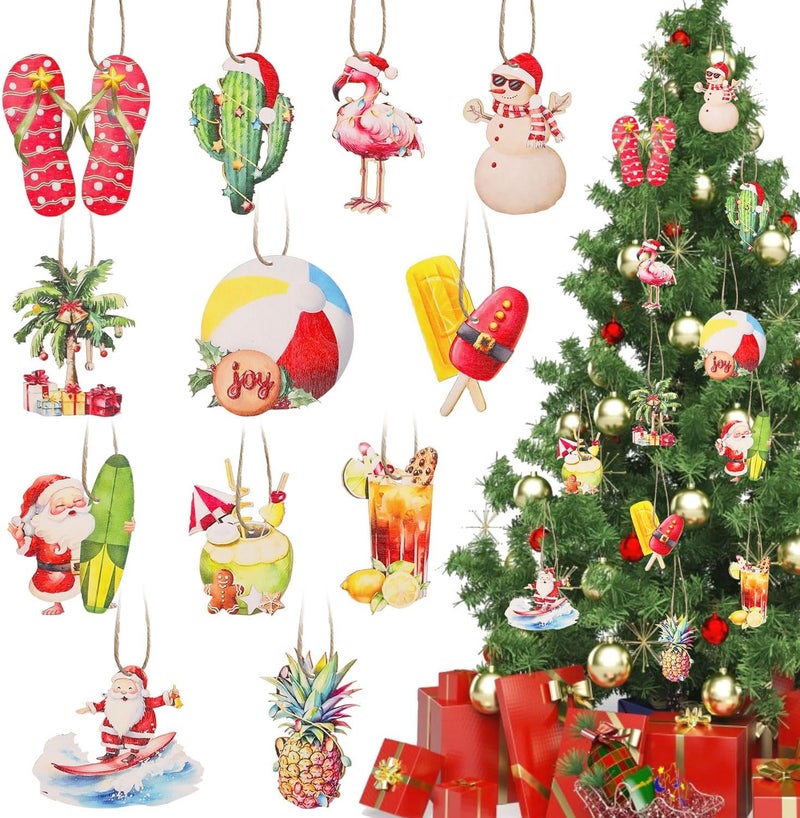 CCINEE 36pcs Tropical Christmas Wooden Hanging Ornaments, Summer Xmas Tree Decorations for Beach Christmas in July Hawaii Party Wooden Ornaments - Image 1