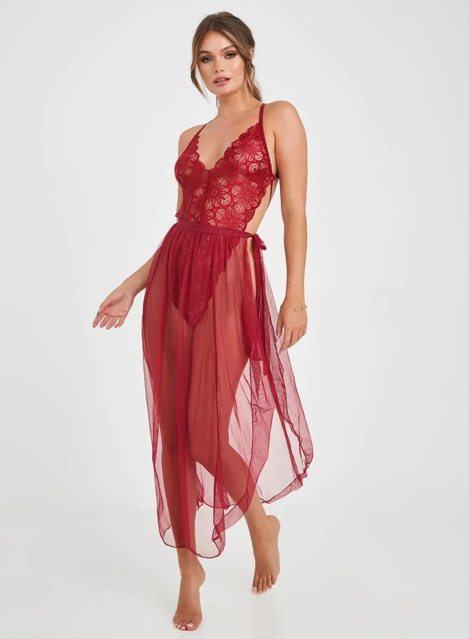Styli Lace Body and Mesh Skirted Maxi Babydoll Set