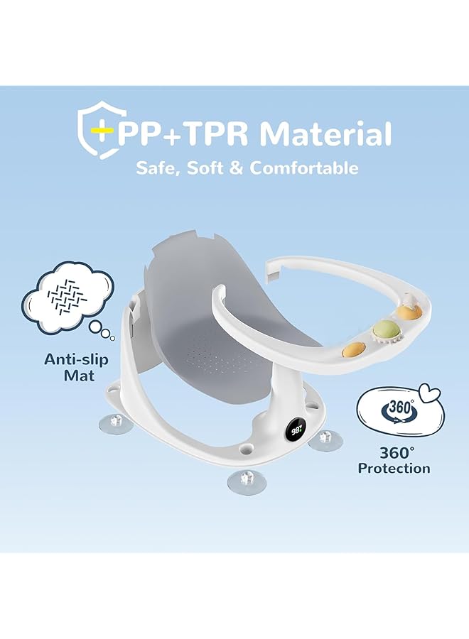 Baby Bath Seat For Babies 6 Months & Up Non Slip Toddler Bath Seat For Baby Sitting Up Infant Bath Seat With Toy & Temperature Sensor Soft Cushion Gray - Image 2