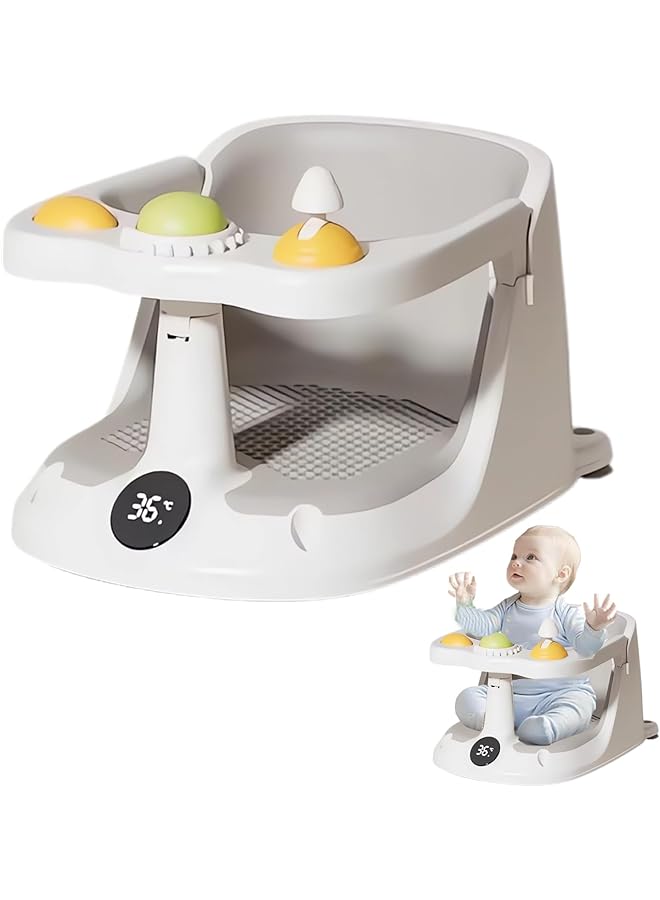 Baby Bath Seat For Babies 6 Months & Up Non Slip Toddler Bath Seat For Baby Sitting Up Infant Bath Seat With Toy & Temperature Sensor Soft Cushion Gray - Image 1
