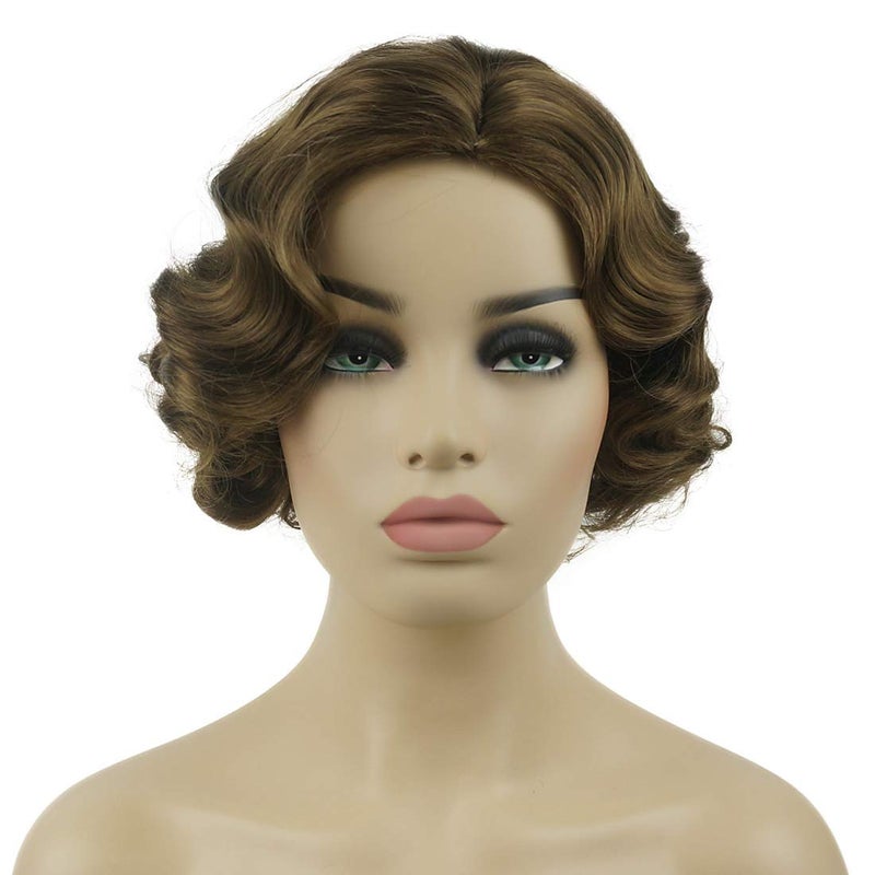 Lydell Vintage Cosplay Party Wig Short Finger Wavy Flapper Hairpiece Free Wig Cap Light Reddish golden brown