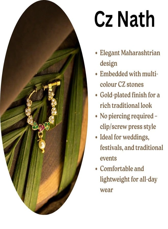 ZEELLO Gold Plated CZ Maharashtrian Nath for Women | Traditional Non Piercing Nose Ring with Pearl Drop | Screw Press Nath for Wedding, Festive & Dance Wear - Image 5