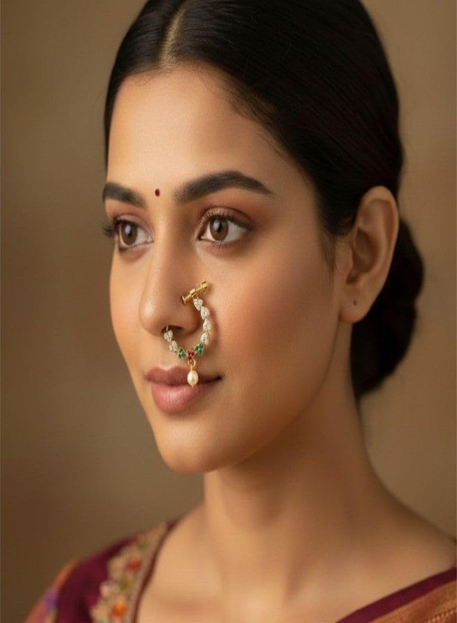 ZEELLO Gold Plated CZ Maharashtrian Nath for Women | Traditional Non Piercing Nose Ring with Pearl Drop | Screw Press Nath for Wedding, Festive & Dance Wear - Image 3