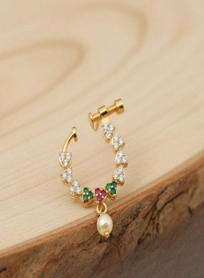ZEELLO Gold Plated CZ Maharashtrian Nath for Women | Traditional Non Piercing Nose Ring with Pearl Drop | Screw Press Nath for Wedding, Festive & Dance Wear - Image 2
