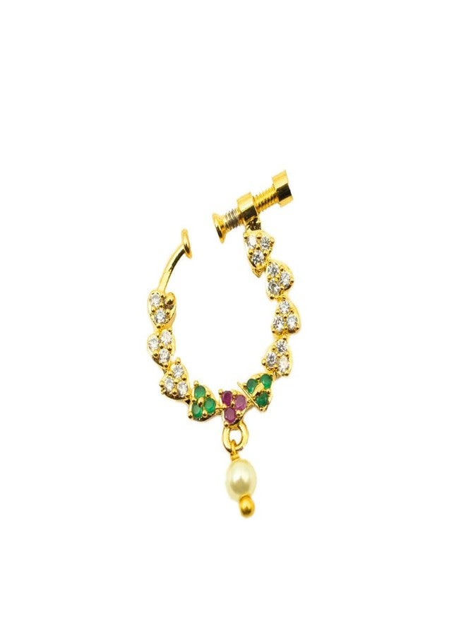 ZEELLO Gold Plated CZ Maharashtrian Nath for Women | Traditional Non Piercing Nose Ring with Pearl Drop | Screw Press Nath for Wedding, Festive & Dance Wear - Image 1