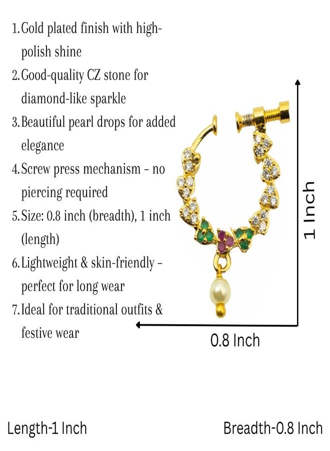ZEELLO Gold Plated CZ Maharashtrian Nath for Women | Traditional Non Piercing Nose Ring with Pearl Drop | Screw Press Nath for Wedding, Festive & Dance Wear - Image 4