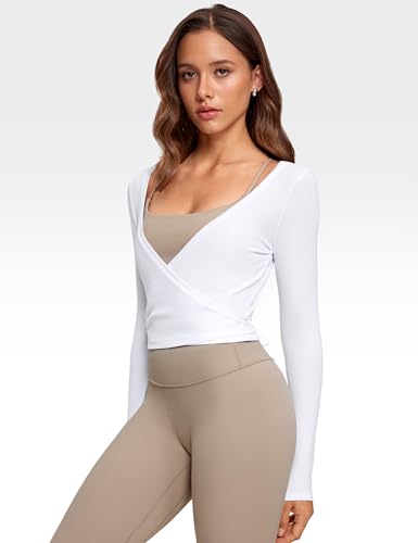 INGIA Womens V-Neck Long Sleeve Cross Wrap Top Slim Fit Soft Knit Layering Shirt Casual Yoga Gym Bandage Tie Tops White X-Large - Image 3
