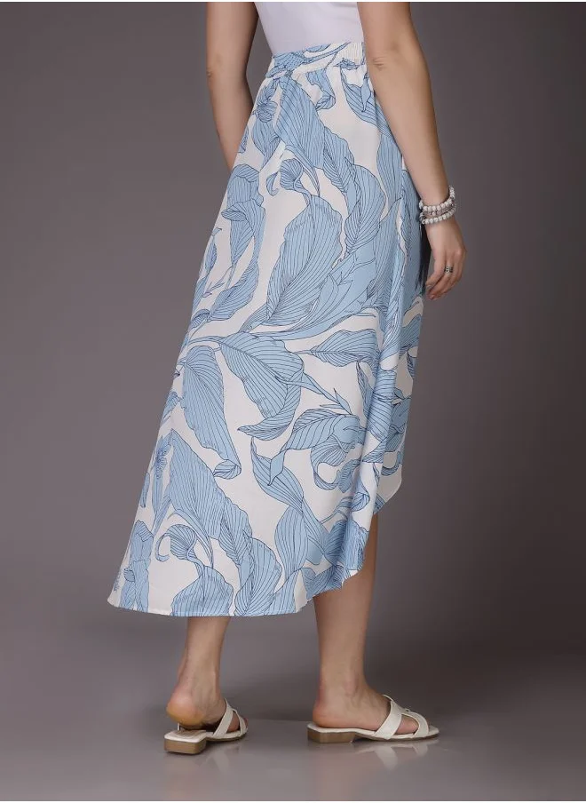 مرفوعة Women Flared Casual Tropical Print Asymmetric Skirt