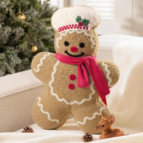 Phantoscope Gingerbread Merry Christmas Throw Pillow, Plush Teddy Xmas Gingerbread Santa Claus Shaped Pillows Christmas Decorative Pillow for Couch Living Room Bed, Beige, 20 x 16.5 inches - Image 1