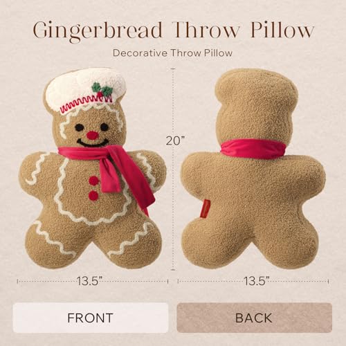 Phantoscope Gingerbread Merry Christmas Throw Pillow, Plush Teddy Xmas Gingerbread Santa Claus Shaped Pillows Christmas Decorative Pillow for Couch Living Room Bed, Beige, 20 x 16.5 inches - Image 4