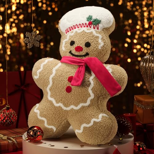 Phantoscope Gingerbread Merry Christmas Throw Pillow, Plush Teddy Xmas Gingerbread Santa Claus Shaped Pillows Christmas Decorative Pillow for Couch Living Room Bed, Beige, 20 x 16.5 inches - Image 5