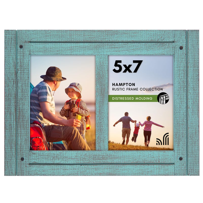 Americanflat Hinged 5x7 Double Picture Frame with 2 Photo Openings and Polished Glass  Distressed Wood Collage Picture Frames for Tabletop and Wall Display  Hampton Collection  Turquoise Blue