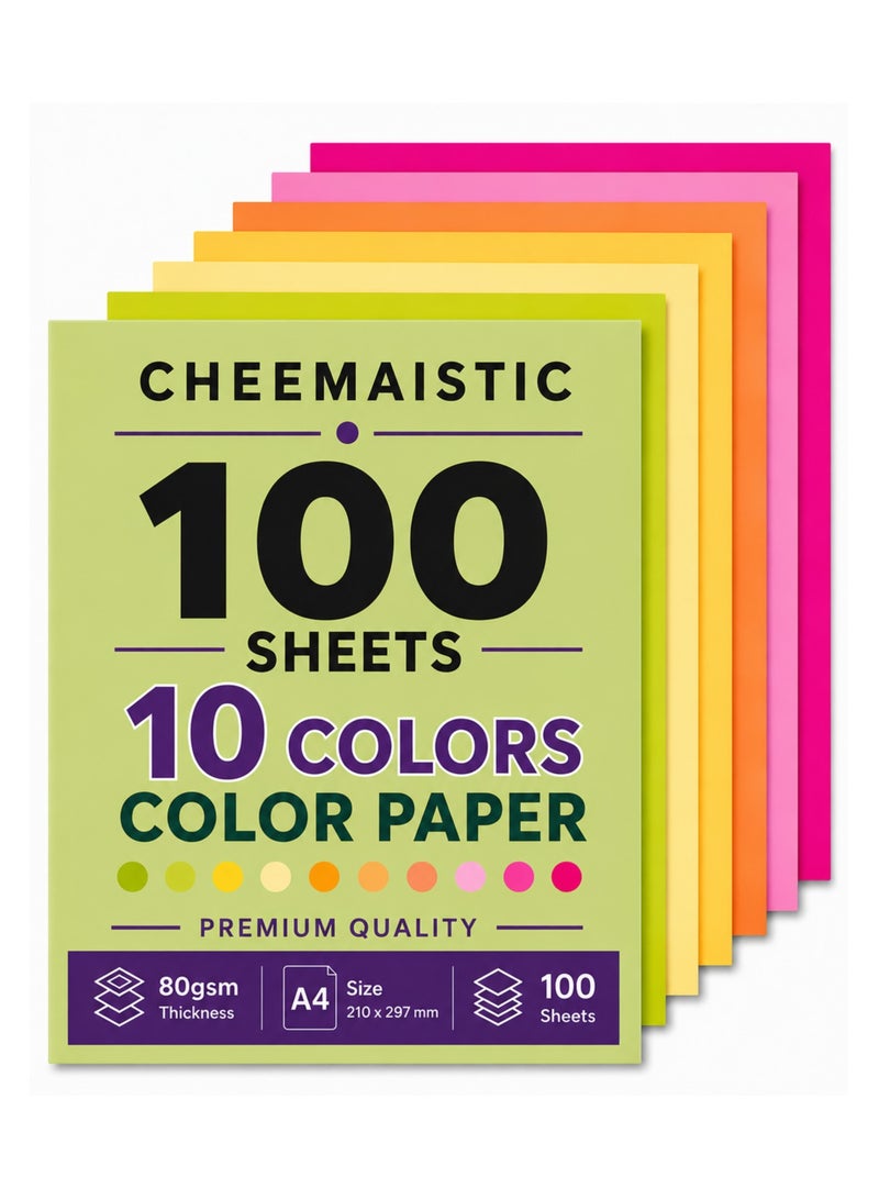 CHEEMAISTIC 100 Sheets A4 Colored Card Stock Printer Papers, 80gsm Thick Multicolor Craft Paper Pack, Assorted Colors Paper Sheets for Printing, Colorful Cardstock Paper for Crafting, Art Projects, Drawing, Card Making, Scrapbooking, School Crafts, DIY Arts and Office Use - Decorative Construction Paper Sheets for Creative Projects - Image 1