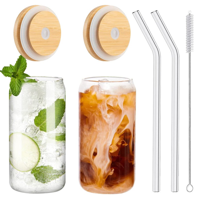 WISIMMALL Drinking Glasses with Bamboo Lids and Glass Straw 2PCS Set, 16oz Glass Cups with Lids and Straws, Beer, Iced Coffee Glasses, Soda, Gift 1 Cleaning Brushes - Image 1