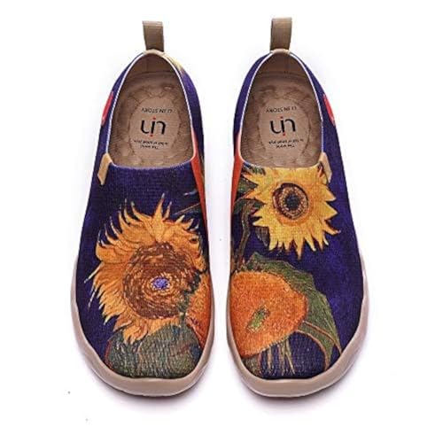 UIN Women's Slip Ons Canvas Lightweight Flats Sneakers Walking Casual Loafers Comfortable Art Painted Travel Shoes Sunflower II (7.5) - Image 1