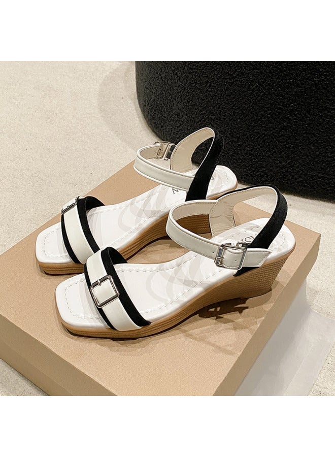 Summer New Style Chunky Heel Retro Open Toe Sandals Women's Summer One-word Roman Temperament Easy To Match High Heel Women's Shoes
