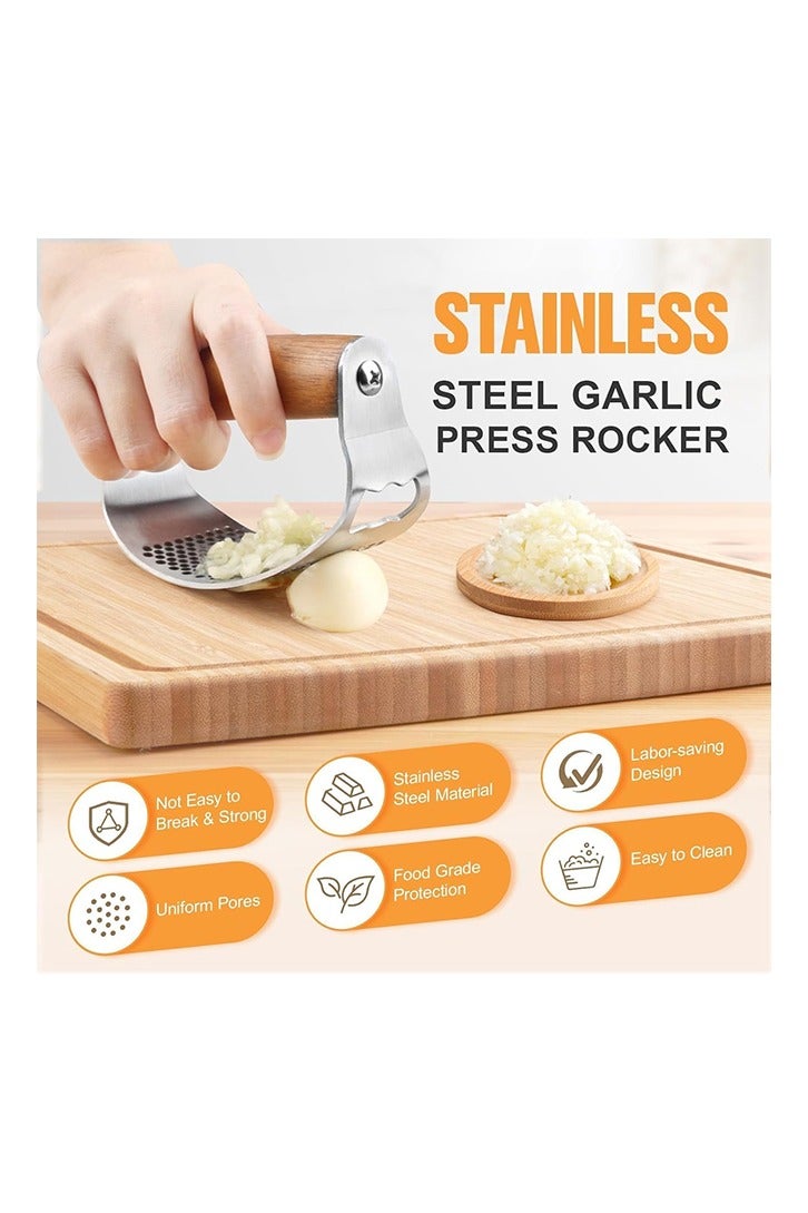 Garlic press rocker, crusher, mincer tool stainless steel with a Garlic Peeler, spatula, and Brush extract more Garlic Paste. The Garlic Mincer Tool Squeezes, Extracts, Crushes - Image 3