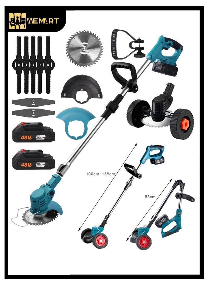 ويمارت جزازة العشب اللاسلكية 48 فولت، ماكينة قص العشب القابلة للطي والسحب مع شاحن سريع، بطاريتان بقوة 2.0 أمبير، 3 شفرات قطع، ماكينة قص العشب الكهربائية المحمولة لأعمال إزالة الأعشاب الضارة في الحديقة - Image 1