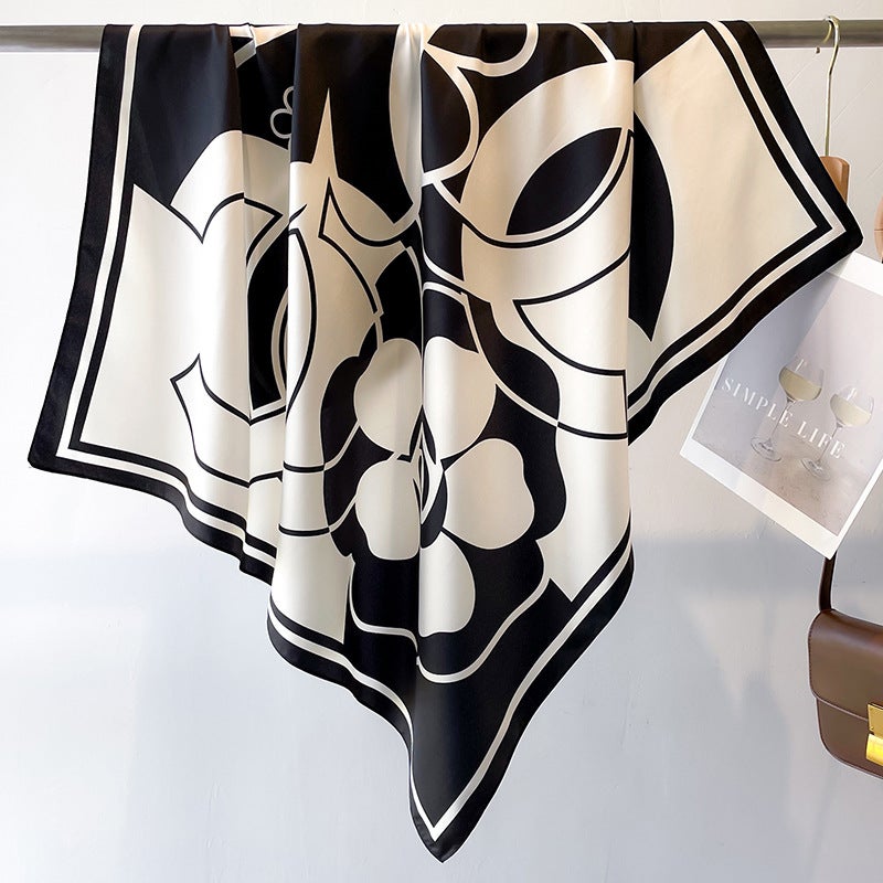 Color Block Flower Silk Scarf Korean Style Printed Scarf Twill Silk Large Square Scarf 90X90Cm Shawl Sun Protection Travel Scarf - Image 3
