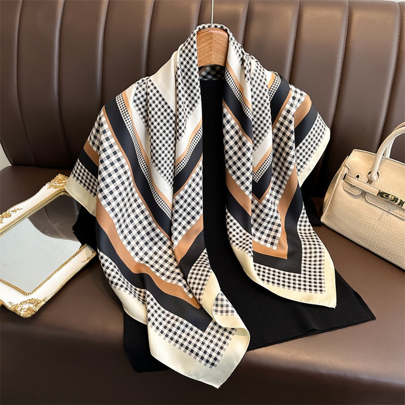 Color Block Flower Silk Scarf Korean Style Printed Scarf Twill Silk Large Square Scarf 90X90Cm Shawl Sun Protection Travel Scarf - Image 1