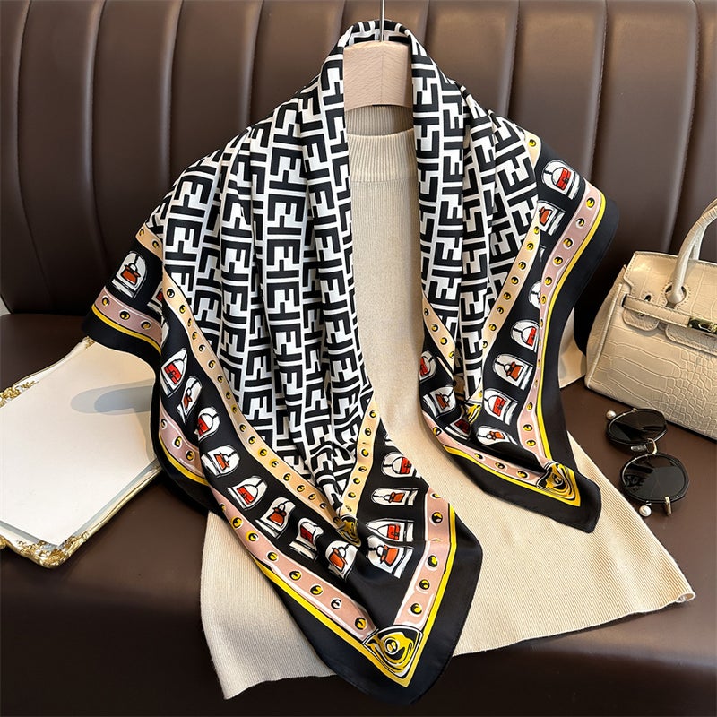 Color Block Flower Silk Scarf Korean Style Printed Scarf Twill Silk Large Square Scarf 90X90Cm Shawl Sun Protection Travel Scarf - Image 5