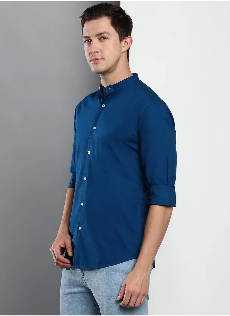 دينيس لينغو Men's Blue 100% Cotton Solid Button Down Slim Fit Shirt