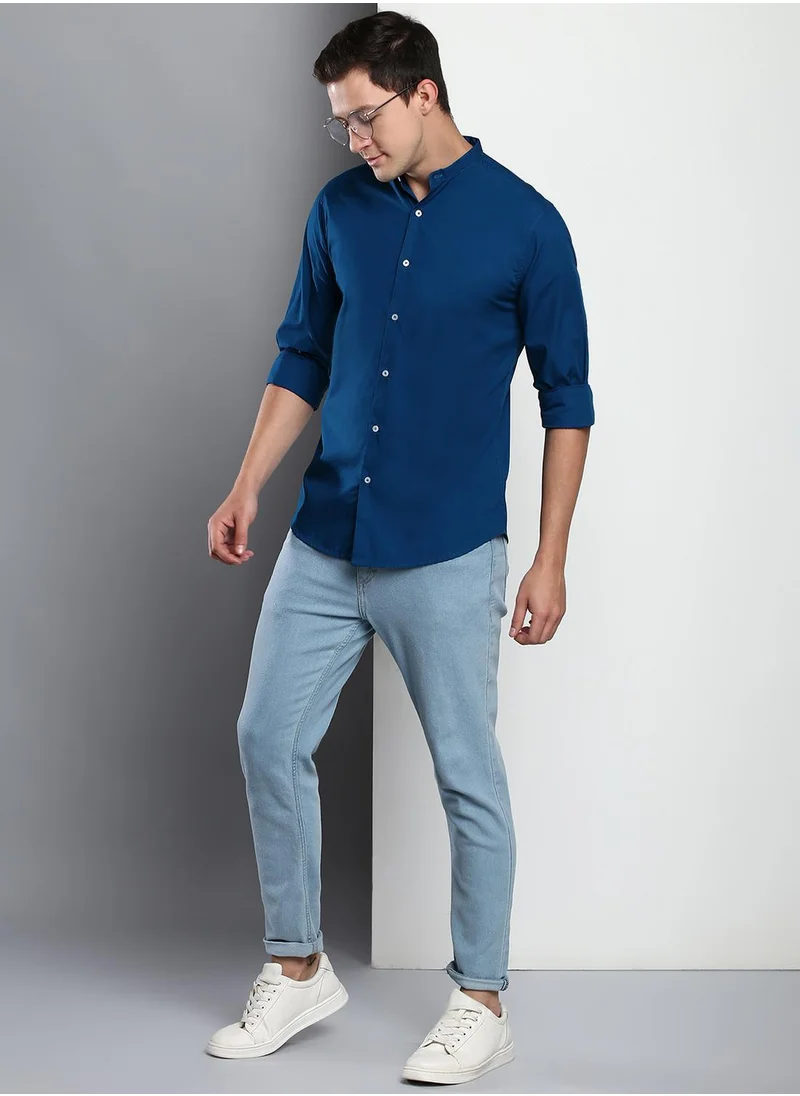 دينيس لينغو Men's Blue 100% Cotton Solid Button Down Slim Fit Shirt