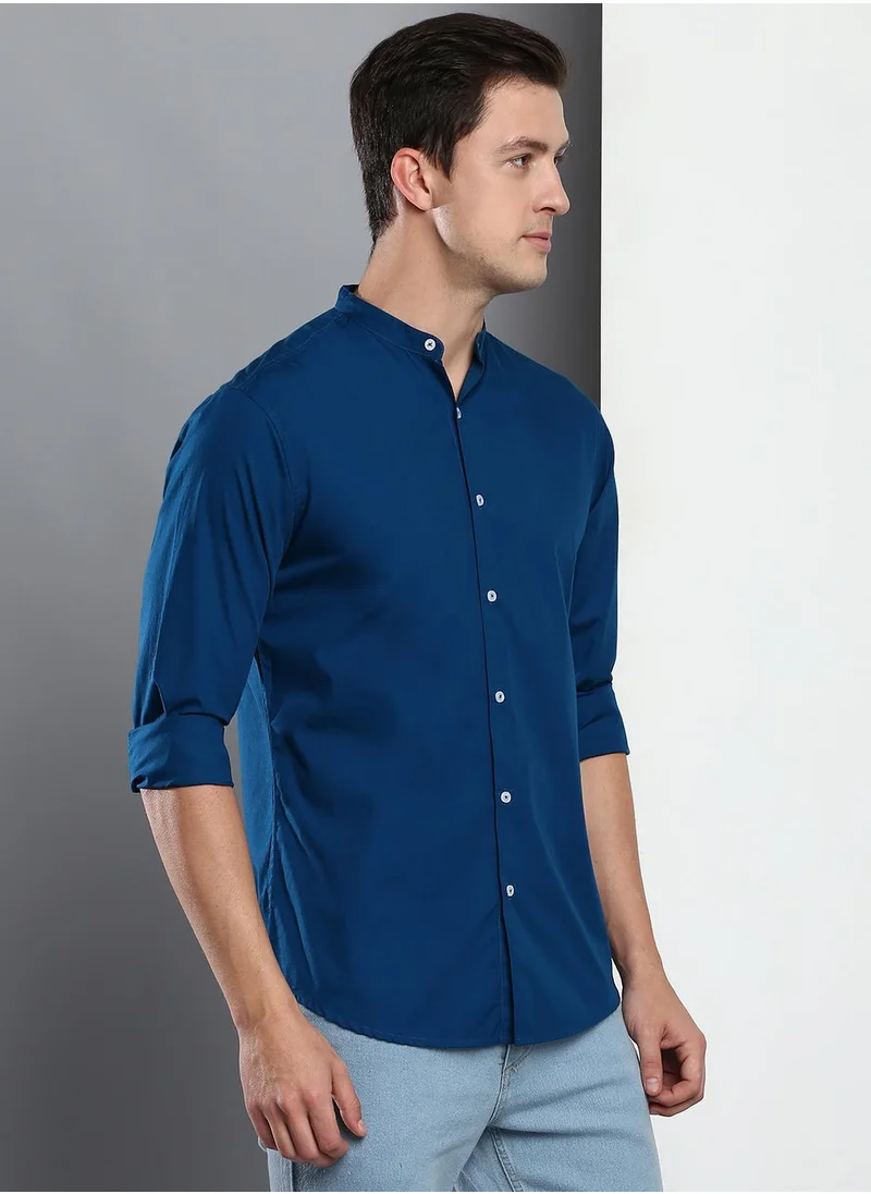دينيس لينغو Men's Blue 100% Cotton Solid Button Down Slim Fit Shirt
