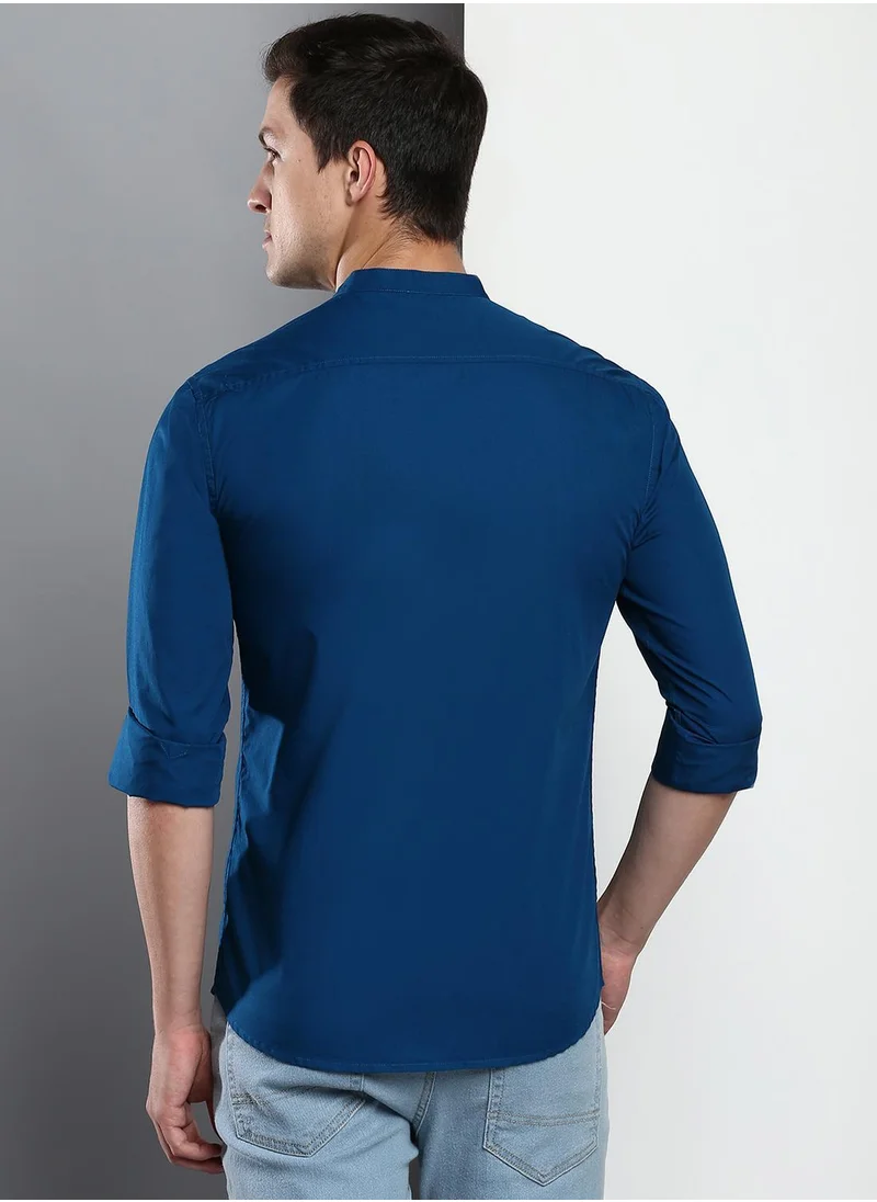 دينيس لينغو Men's Blue 100% Cotton Solid Button Down Slim Fit Shirt