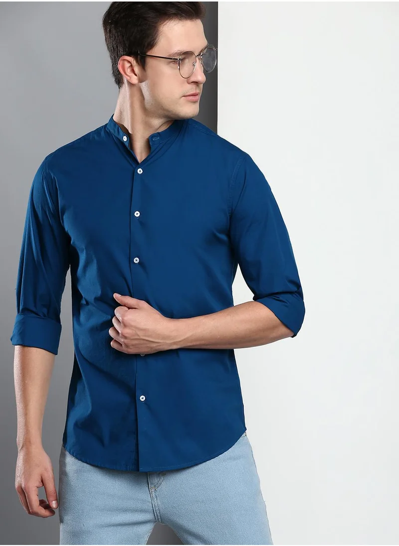 دينيس لينغو Men's Blue 100% Cotton Solid Button Down Slim Fit Shirt
